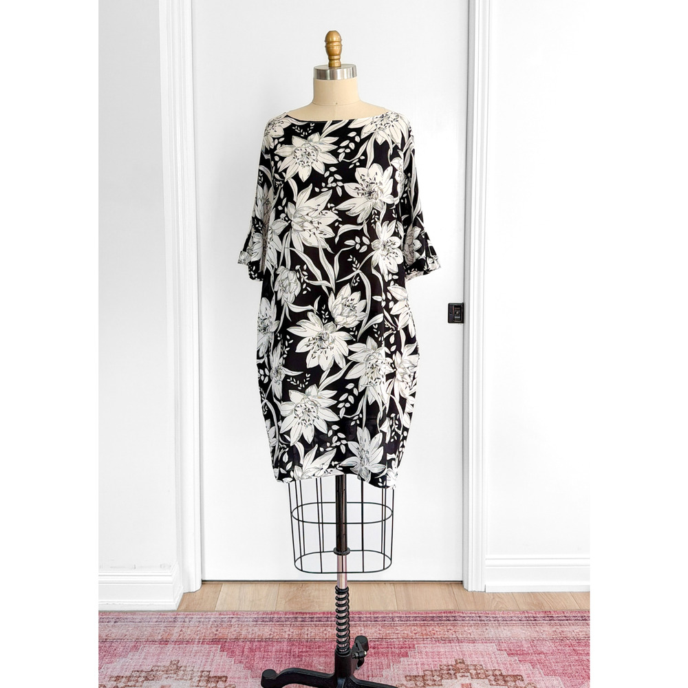 Max Mara Studio Black White Silk Large Floral Shift Dress - Picture 10 of 11